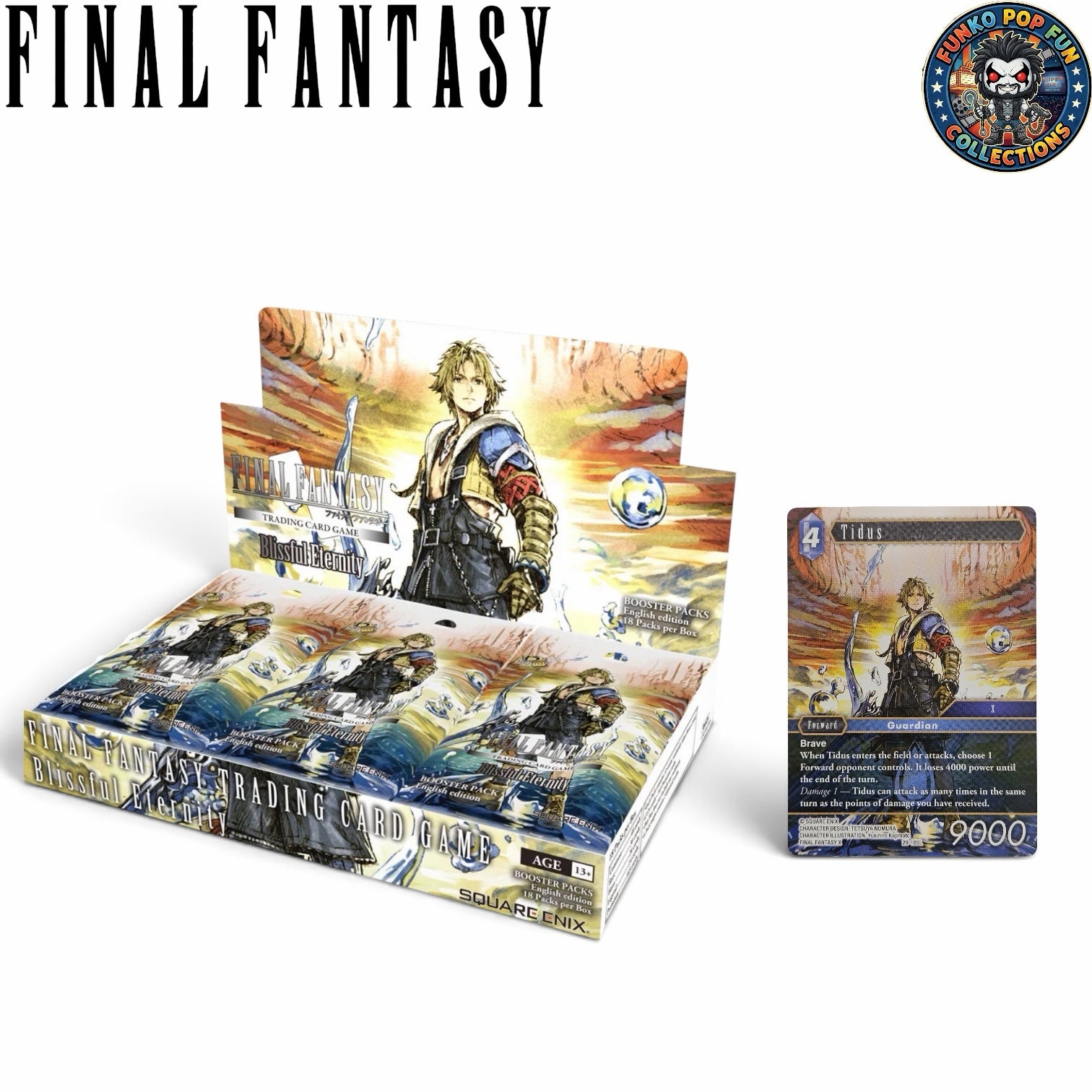 Funko Pop Fun Collections Final Fantasy Blissful Eternity booster box with 18 packs and a Tidus character card