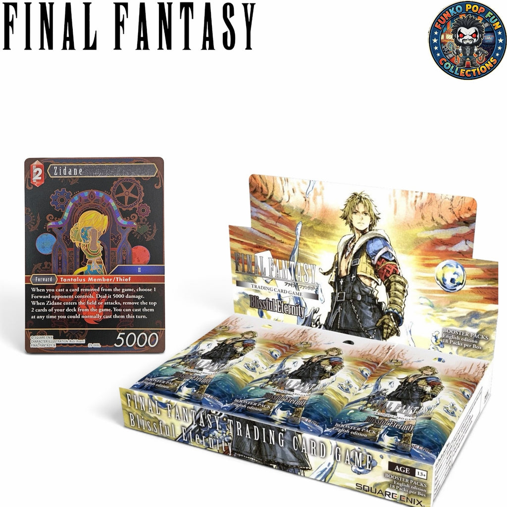 Funko Pop Fun Collections Final Fantasy Blissful Eternity booster box with 18 packs and a Zidane character card