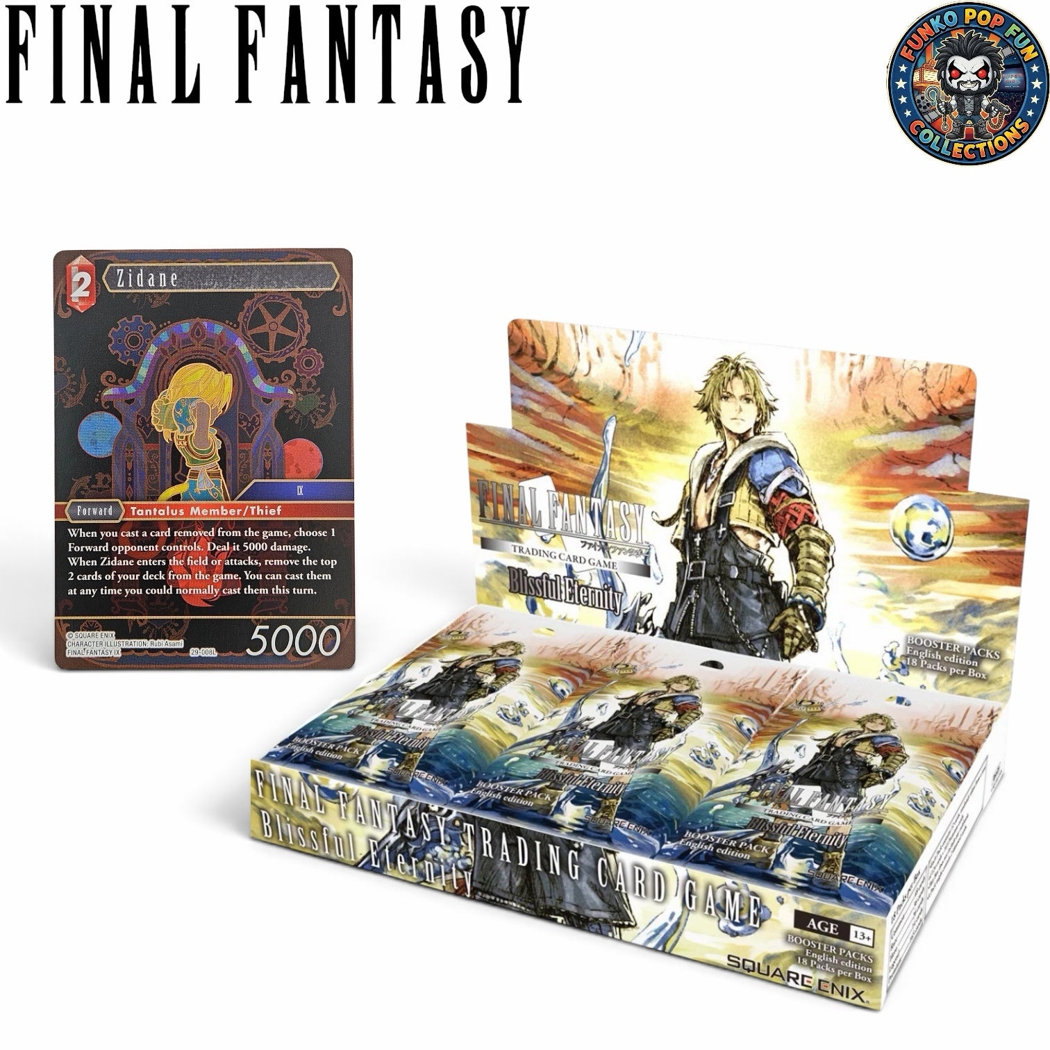Funko Pop Fun Collections Final Fantasy Blissful Eternity booster box with 18 packs and a featured Zidane card.