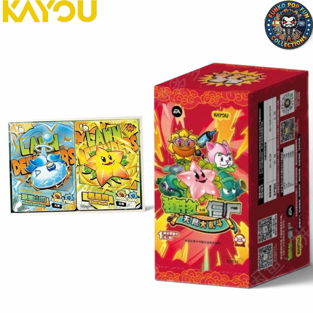 Funko Pop Fun Collections Plants vs. Zombies trading card booster box with two holographic character cards displayed.