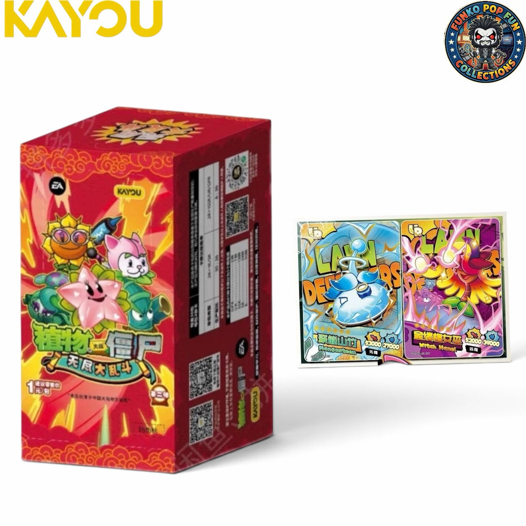 Funko Pop Fun Collections Plants vs. Zombies trading card booster box with vibrant character artwork and two cards.