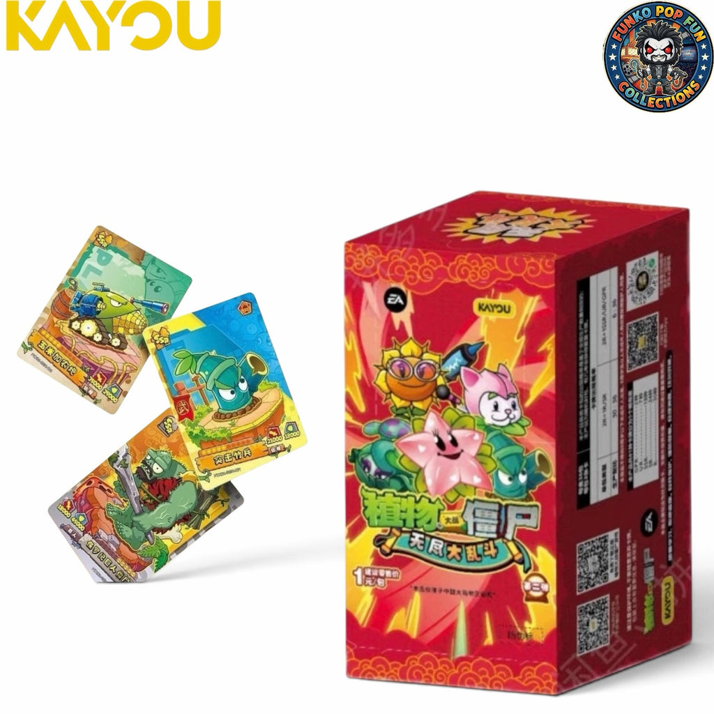 Funko Pop Fun Collections Plants vs. Zombies trading card booster box with vibrant character cards displayed.