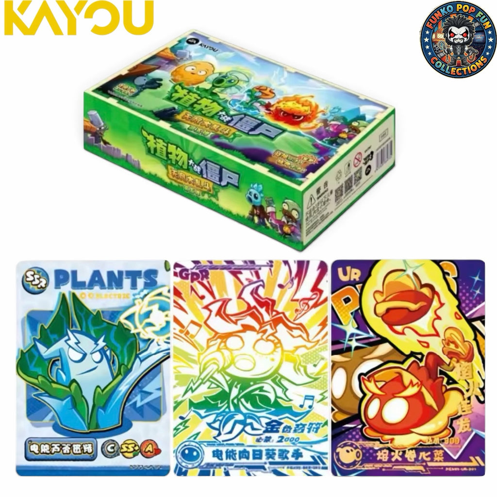 Funko Pop Fun Collections Plants vs. Zombies Kayou trading card booster box with three vibrant holographic game cards.