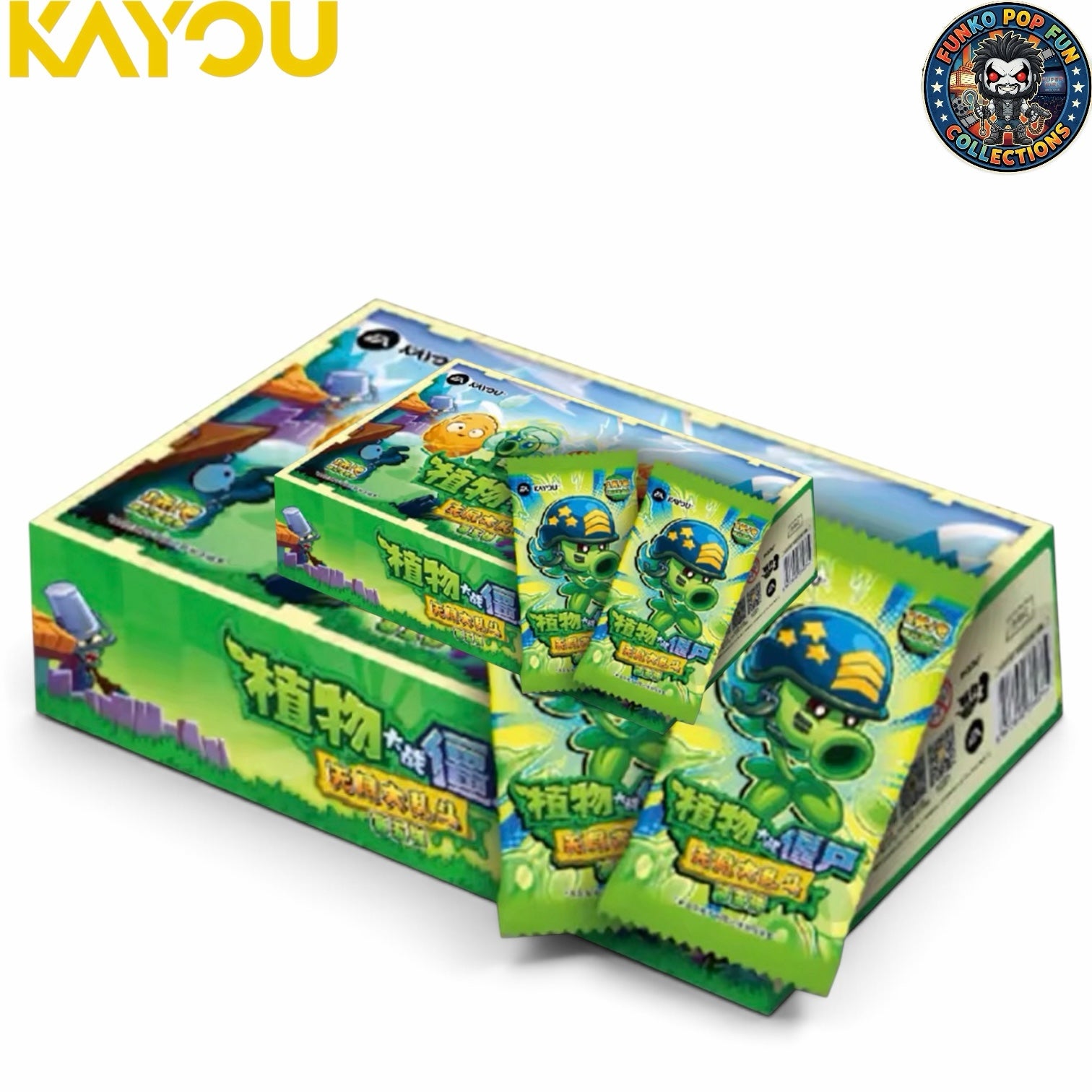 Funko Pop Fun Collections Plants vs. Zombies trading card booster box with vibrant green packaging and character art.